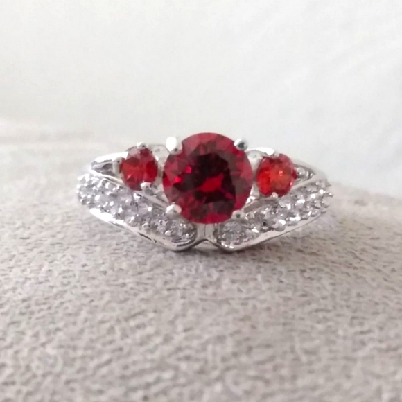 14k White Gold Over Silver Fancy Crown Simulated Ruby & Diamond Accent Ring sz10